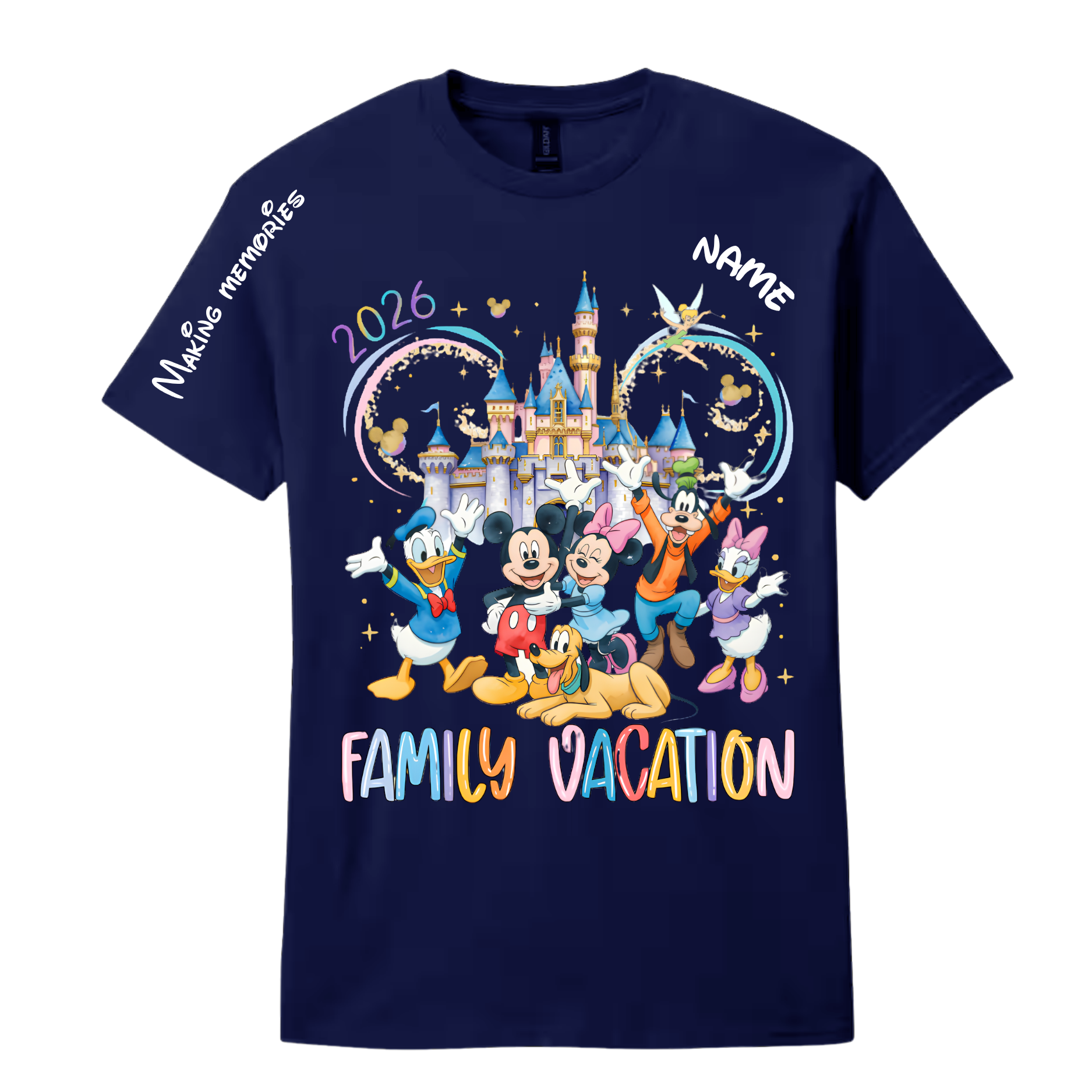 Personalized family vacation t-shirt in navy with custom name and date