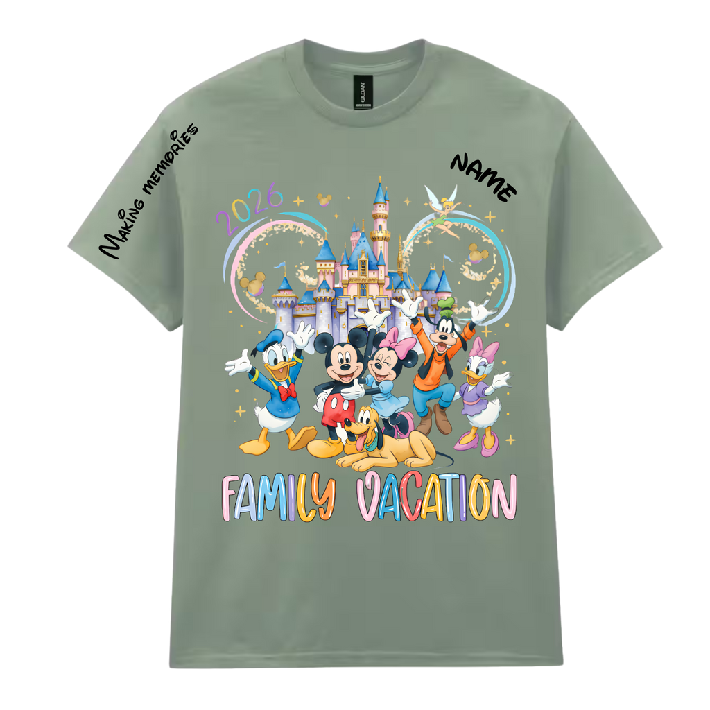 Personalized family vacation t-shirt in sage with custom name and date