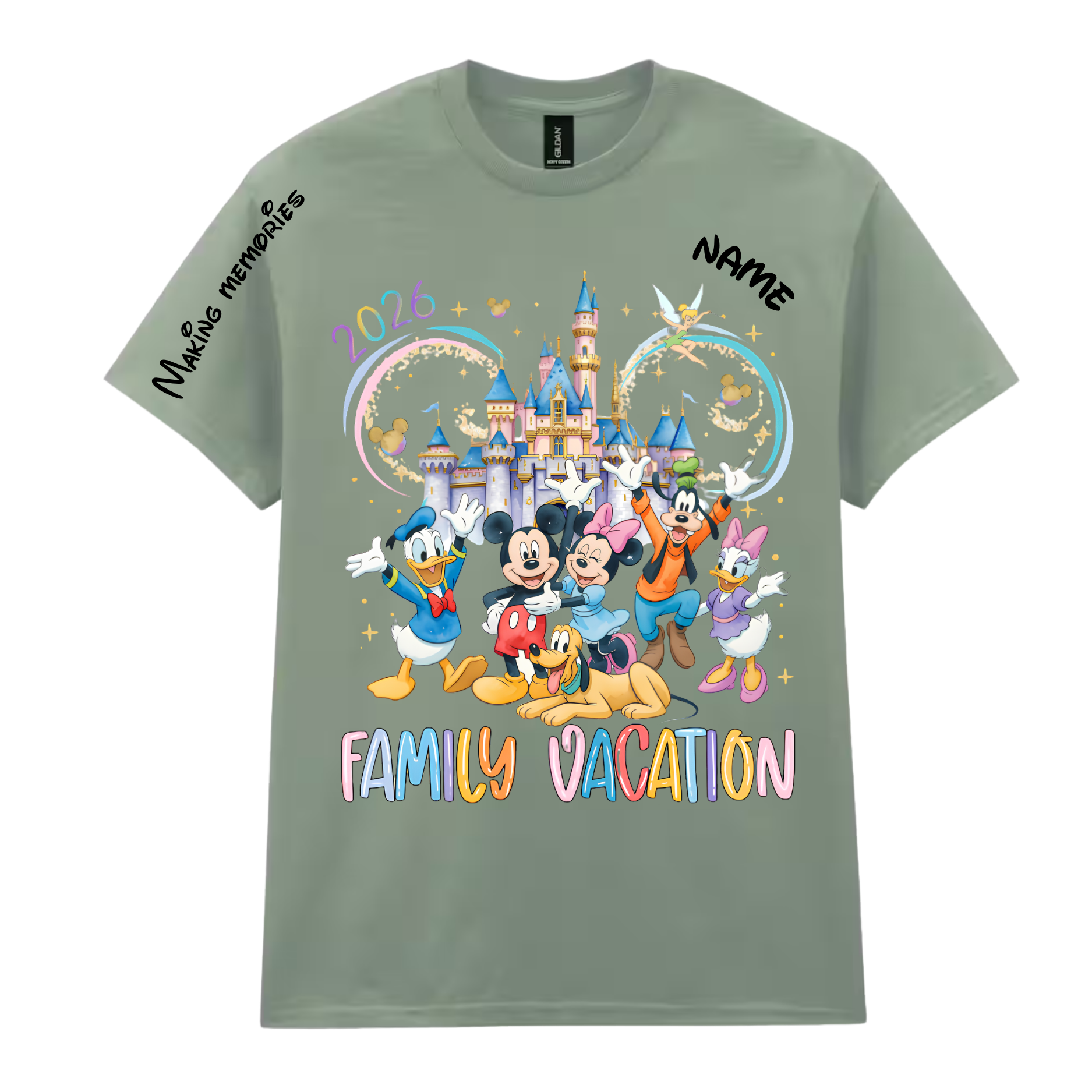 Personalized family vacation t-shirt in sage with custom name and date