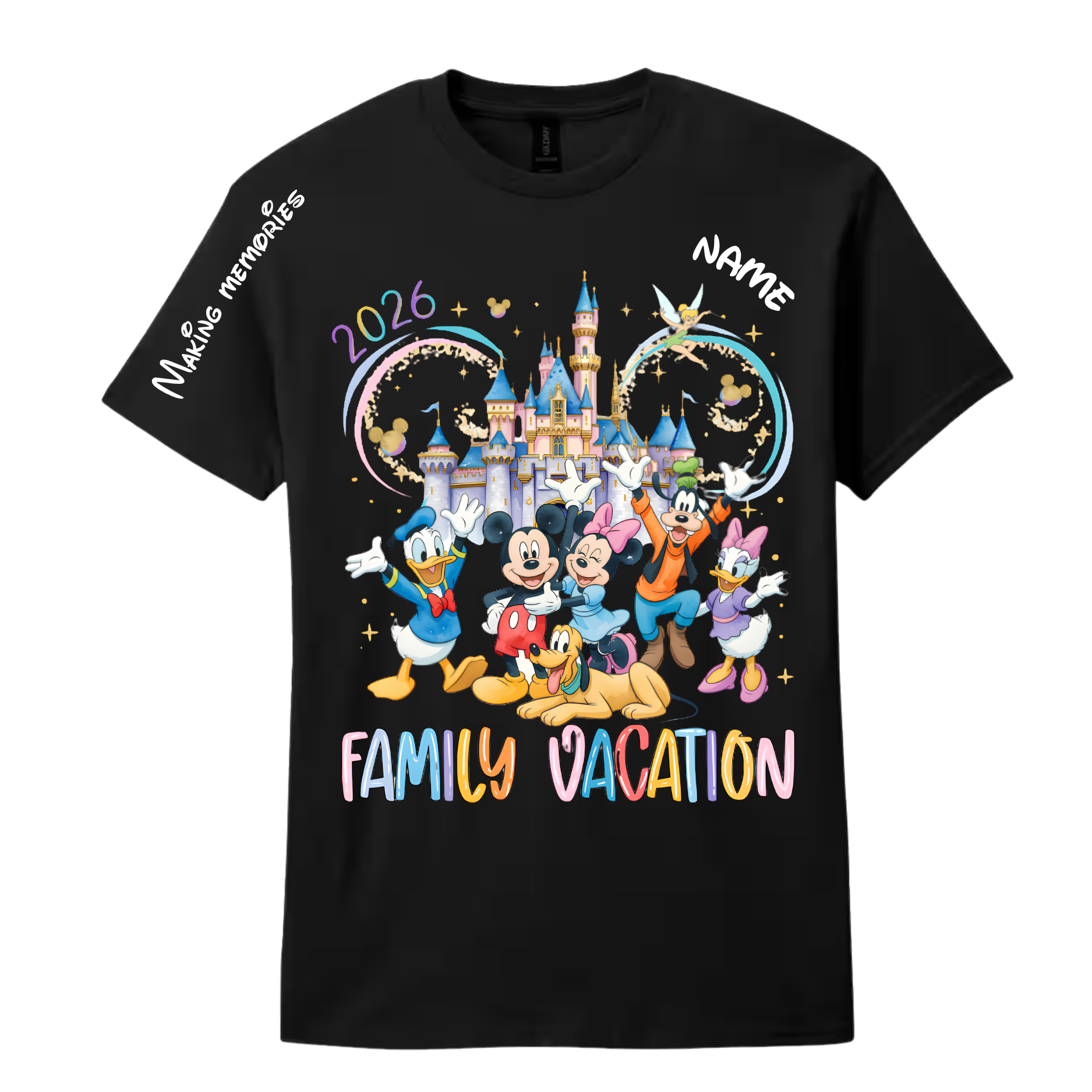 Personalized family vacation t-shirt in Black with custom name and date