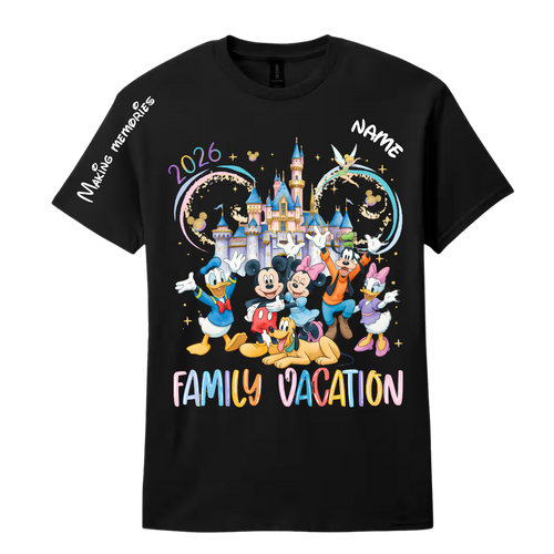 Personalized family vacation t-shirt in Black with custom name and date
