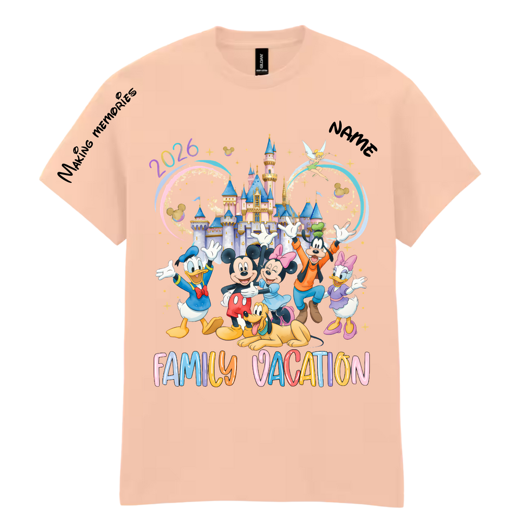 Personalized family vacation t-shirt in dusty rose with custom name and date
