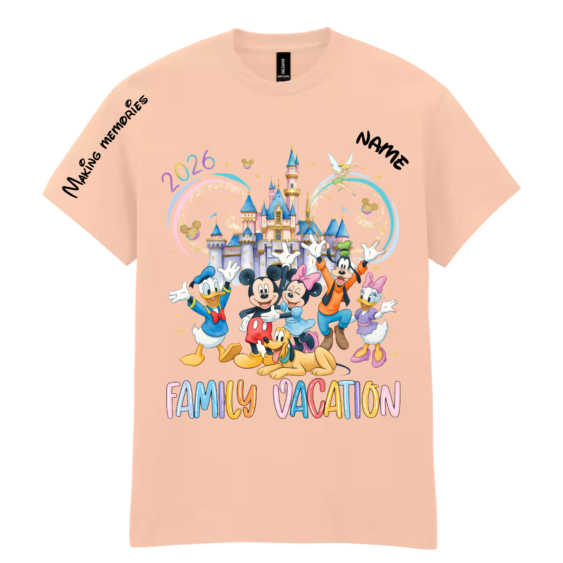 Personalized family vacation t-shirt in dusty rose with custom name and date