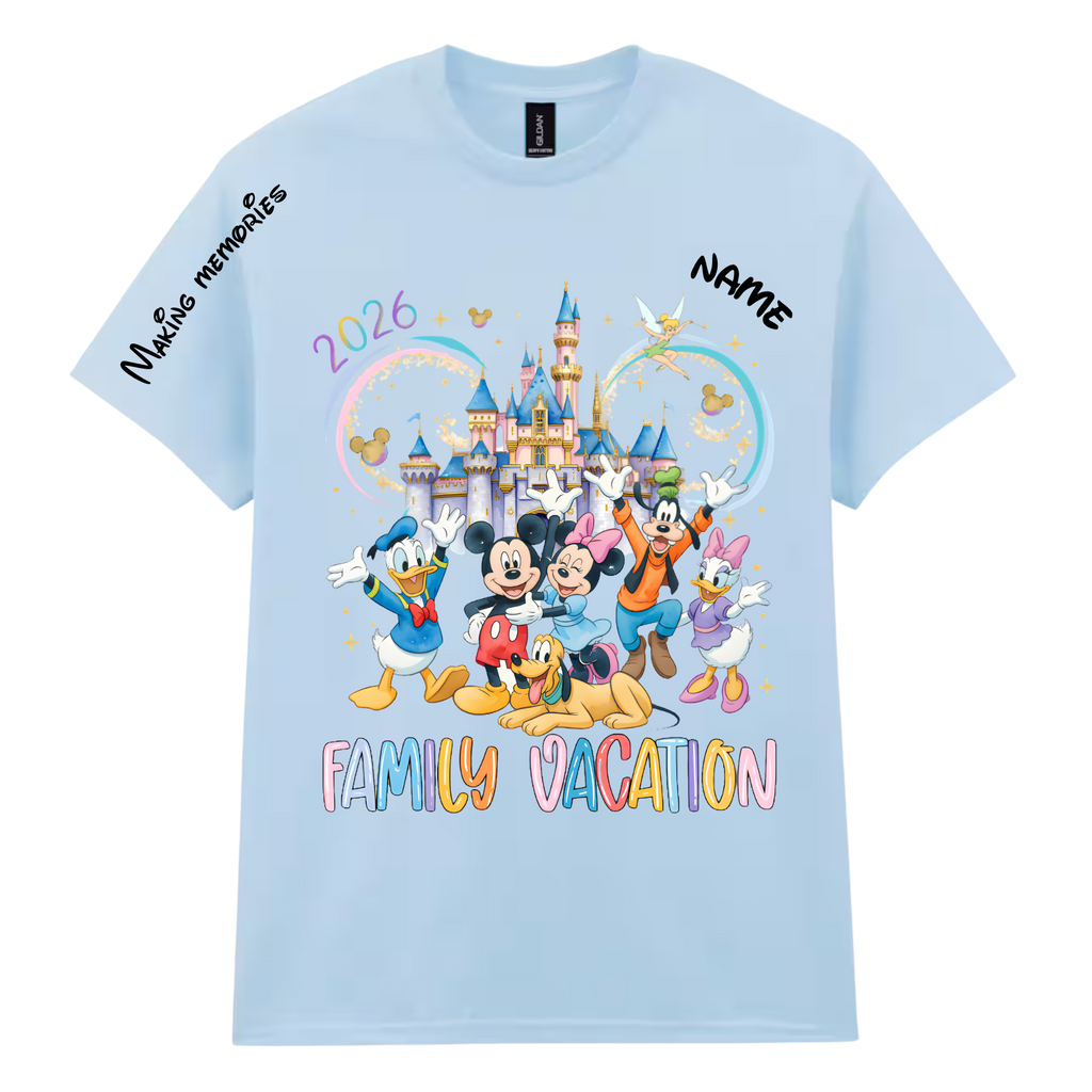 Personalized family vacation t-shirt in light blue with custom name and date