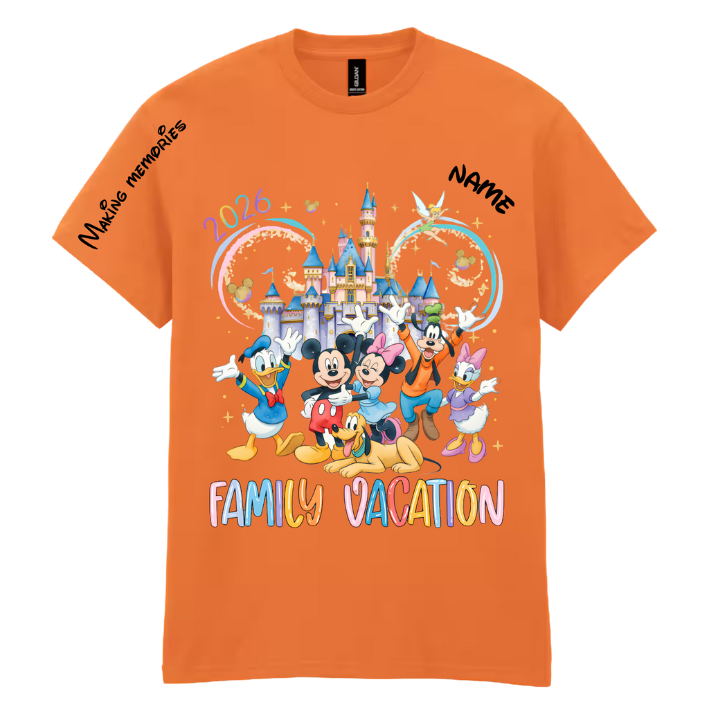 Personalized family vacation t-shirt in orange with custom name and date