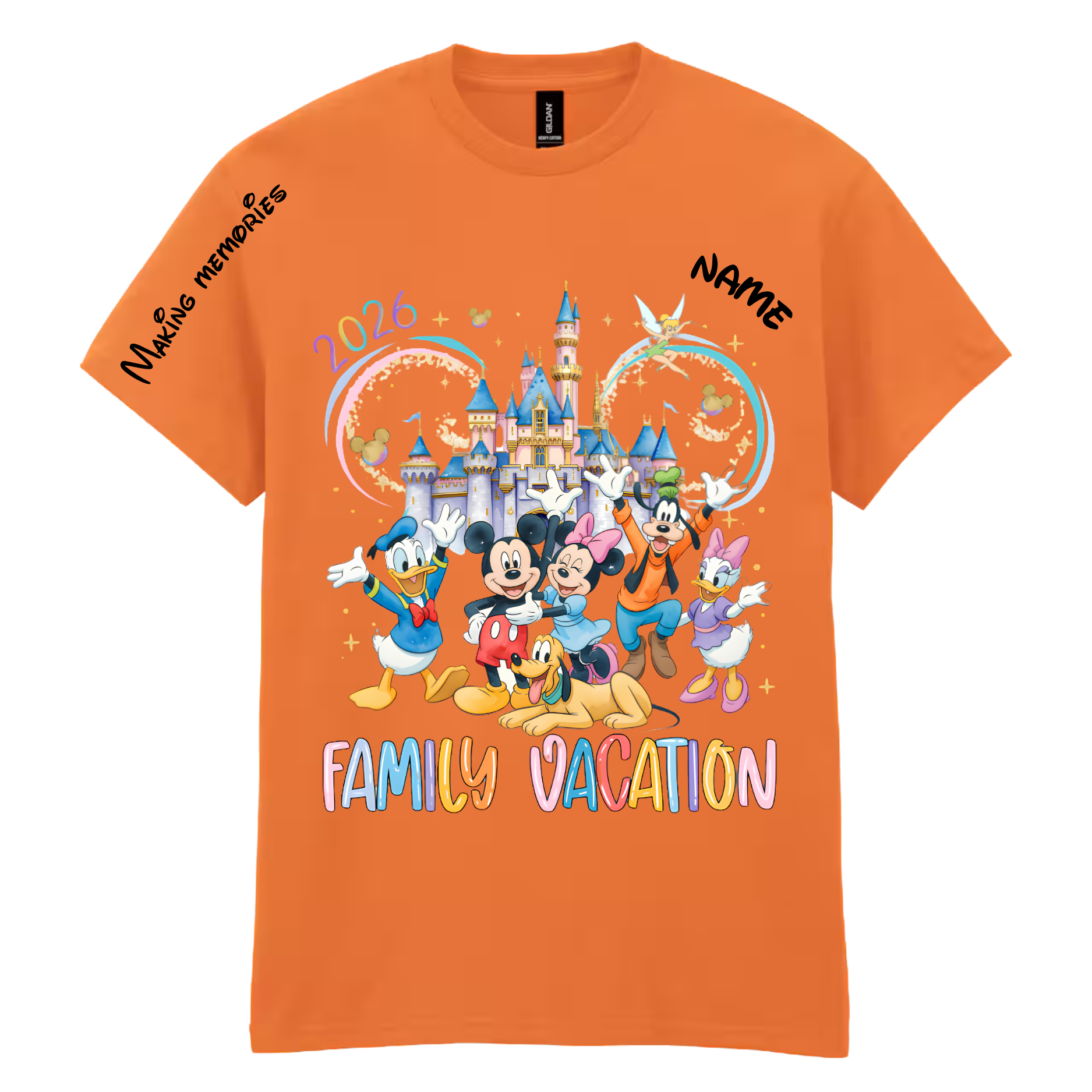 Personalized family vacation t-shirt in orange with custom name and date