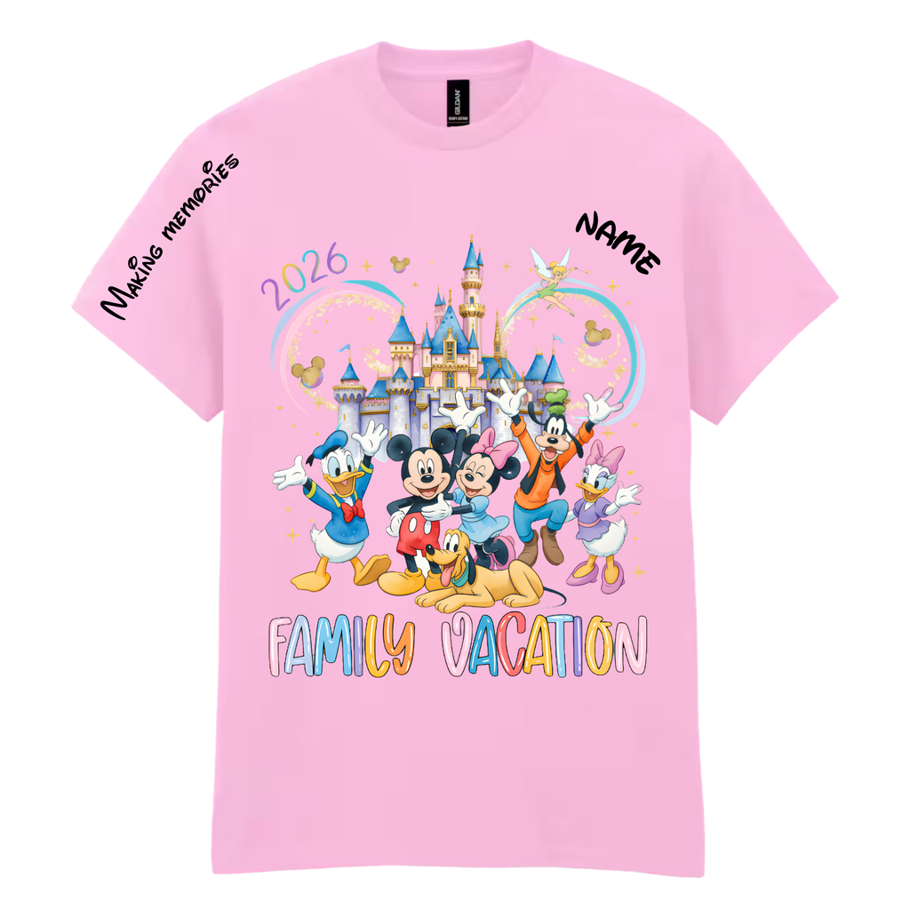 Personalized family vacation t-shirt in pink with custom name and date