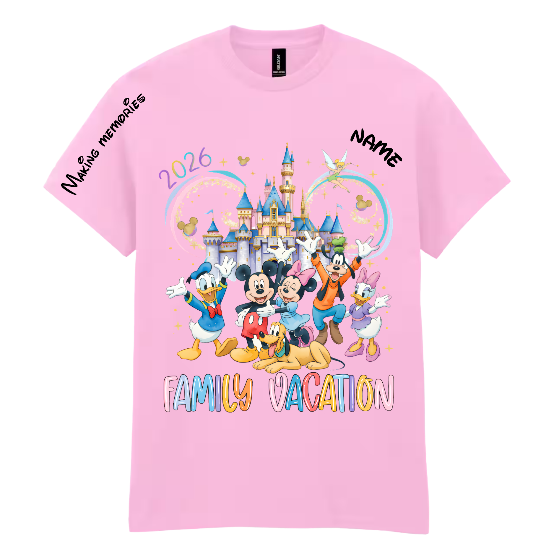 Personalized family vacation t-shirt in pink with custom name and date