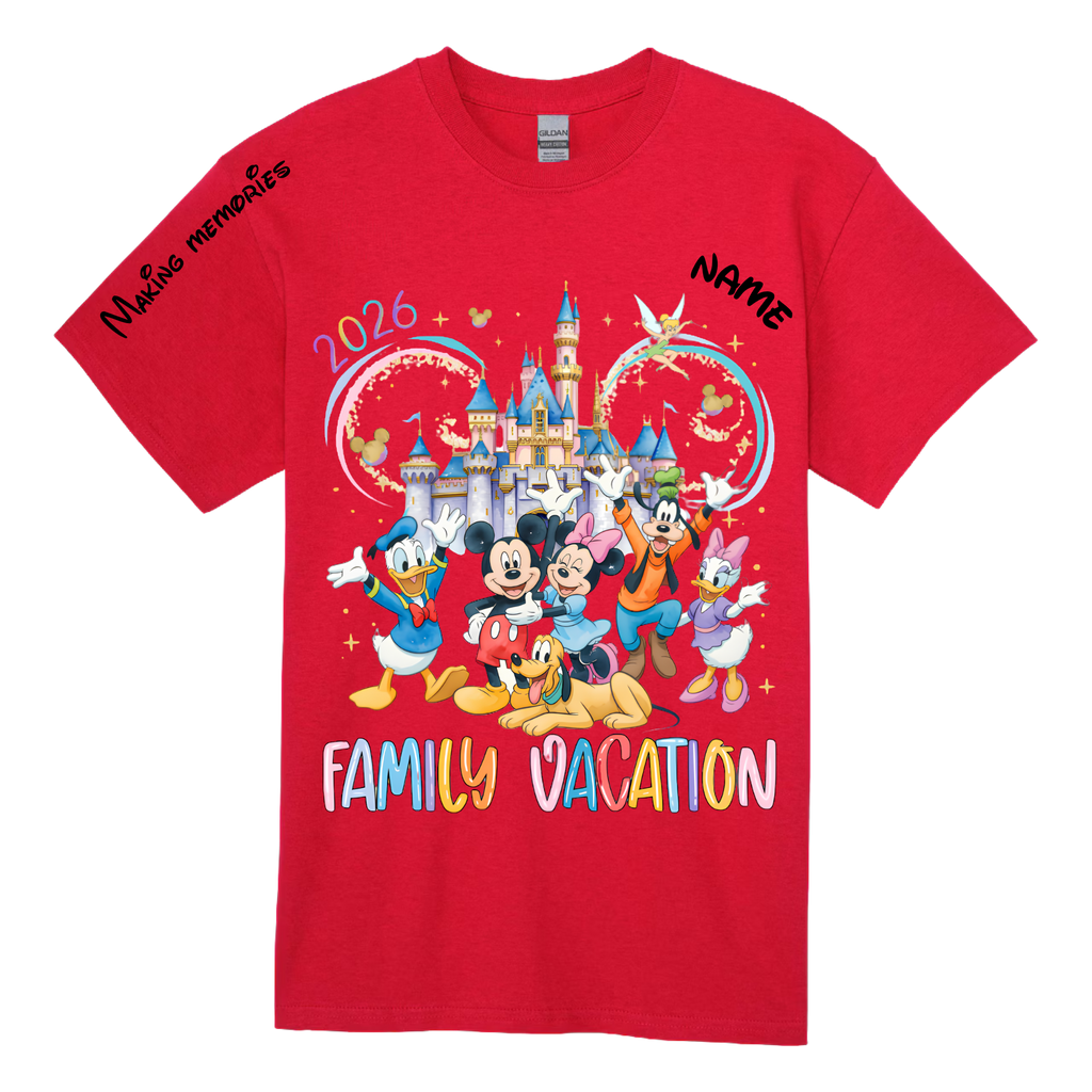 Personalized family vacation t-shirt in red with custom name and date