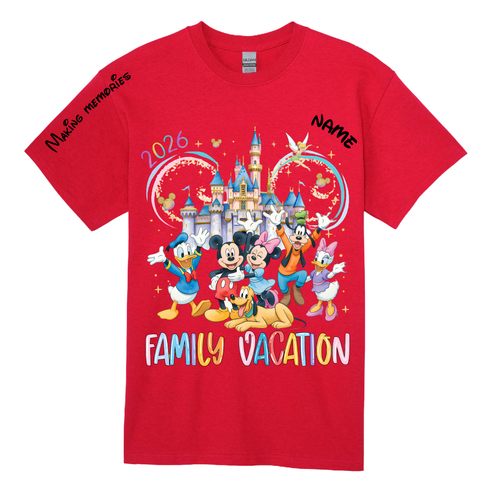 Personalized family vacation t-shirt in red with custom name and date