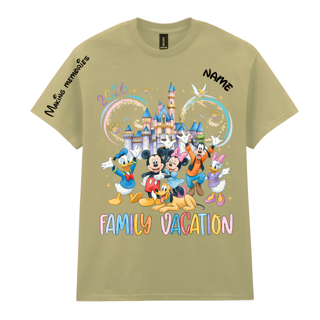 Personalized family vacation t-shirt in sand with custom name and date