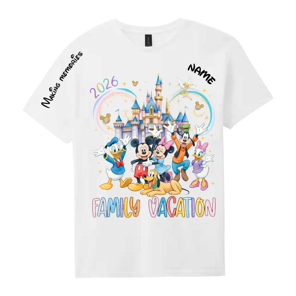 Personalized family vacation t-shirt in white with custom name and date