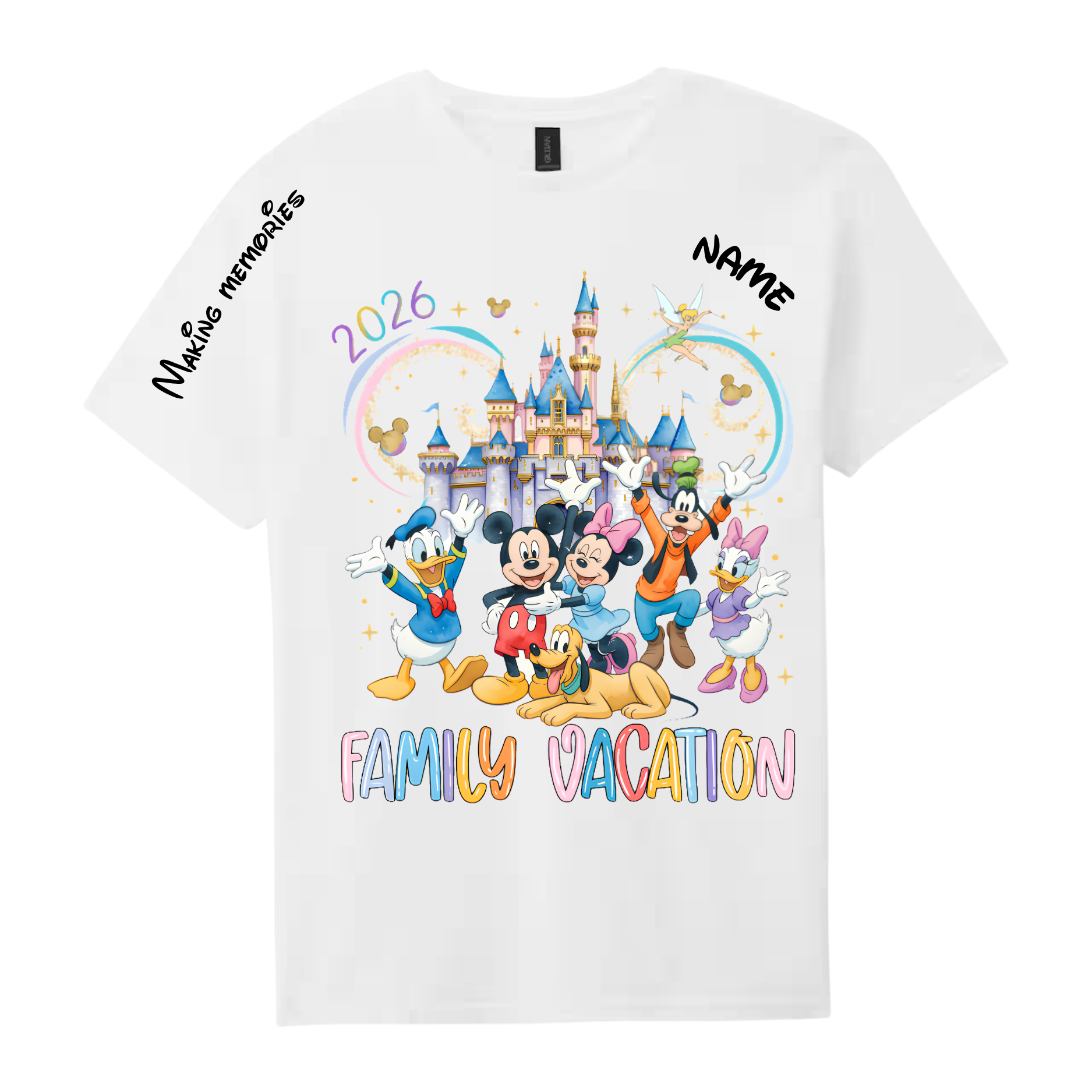 Personalized family vacation t-shirt in white with custom name and date
