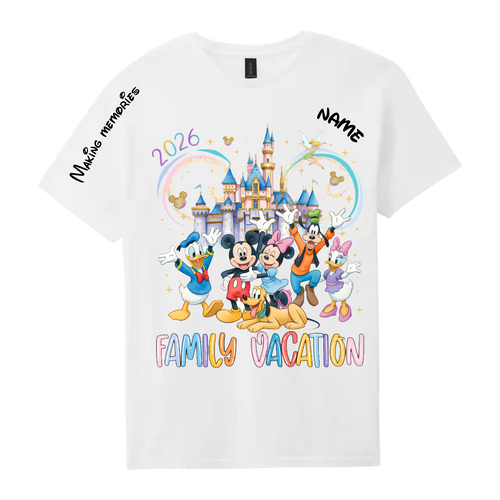 Personalized family vacation t-shirt in white with custom name and date